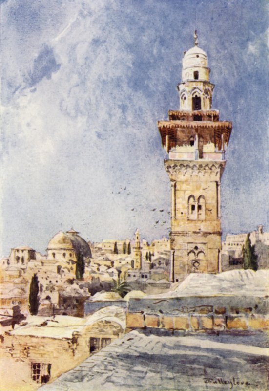 En minaret i det nordvestlige hjørnet av tempelområdet (farge litho) av John Fulleylove