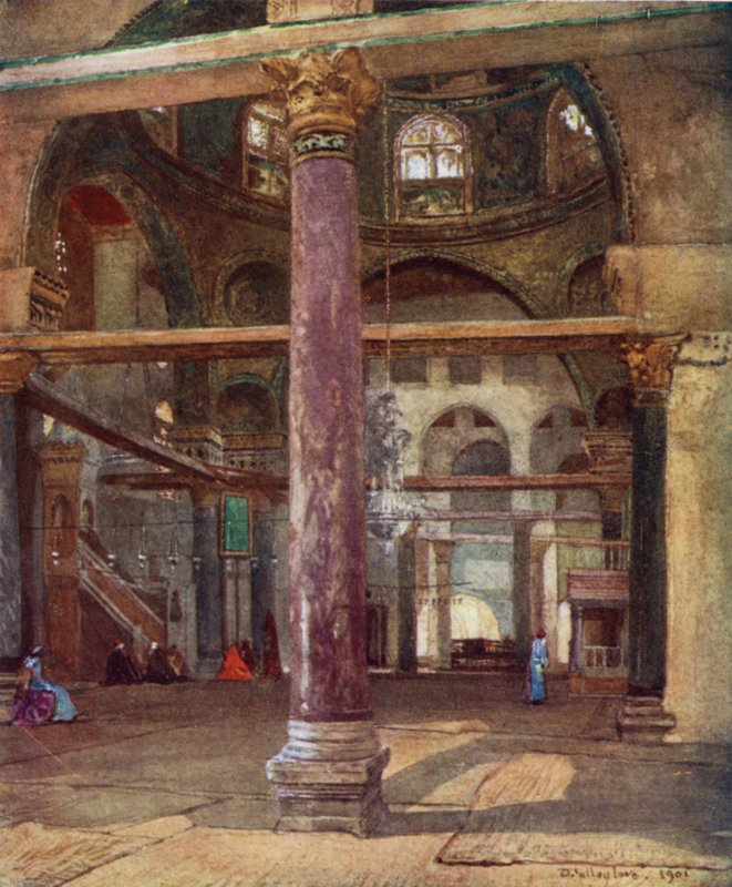Interiør i moskeen i El Aksa, fra sørøst (farge litho) av John Fulleylove