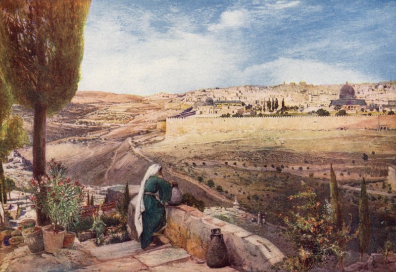 Jerusalem, fra det tradisjonelle stedet på Oljeberget der Kristus gråt over byen (farge litho) av John Fulleylove