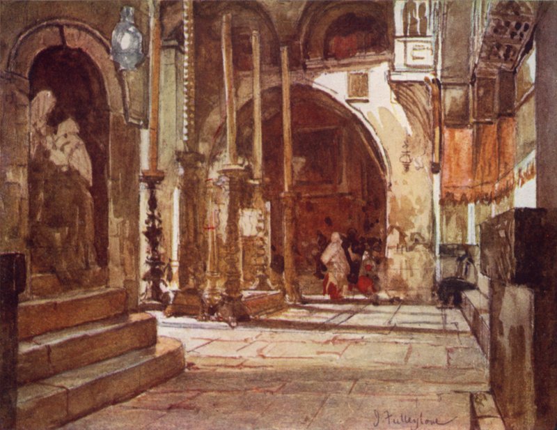 Salvelsessteinen, fra korsfarerkirkens ambulatorium (farge litho) av John Fulleylove
