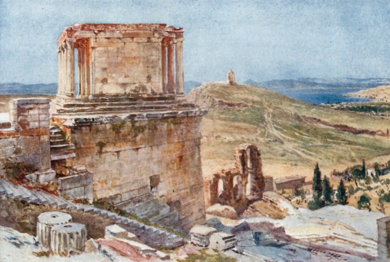 Bastionen og tempelet for vingeløs seier sett fra oppstigningen til Propylaea av John Fulleylove