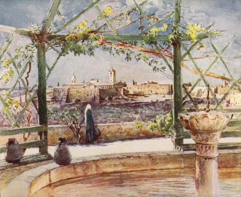 Fødselskirken i Betlehem, fra en hage på motsatt bakke (farge litho) av John Fulleylove