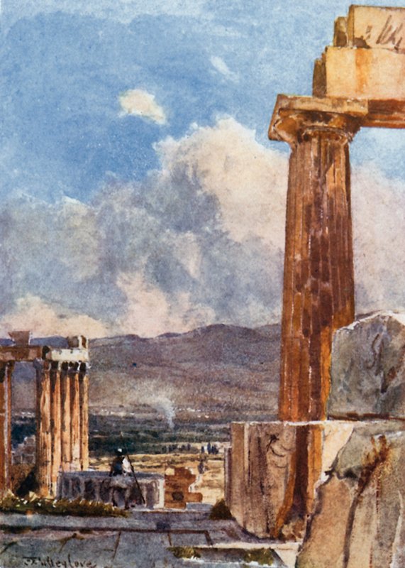 Den østlige portikken til Erechtheum sett fra den nordlige peristilen til Parthenon av John Fulleylove