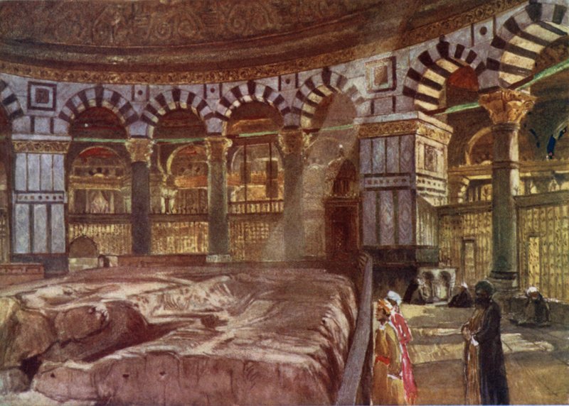 Den hellige klippe under kuppelen til Omar-moskeen (farge litho) av John Fulleylove