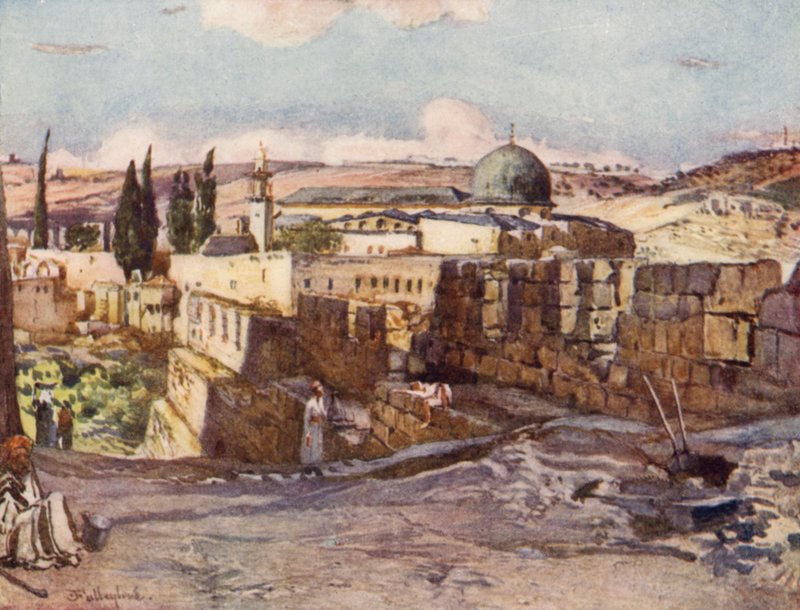 Moskeen i El Aksa, fra innsiden av sørmuren i Jerusalem (farge litho) av John Fulleylove