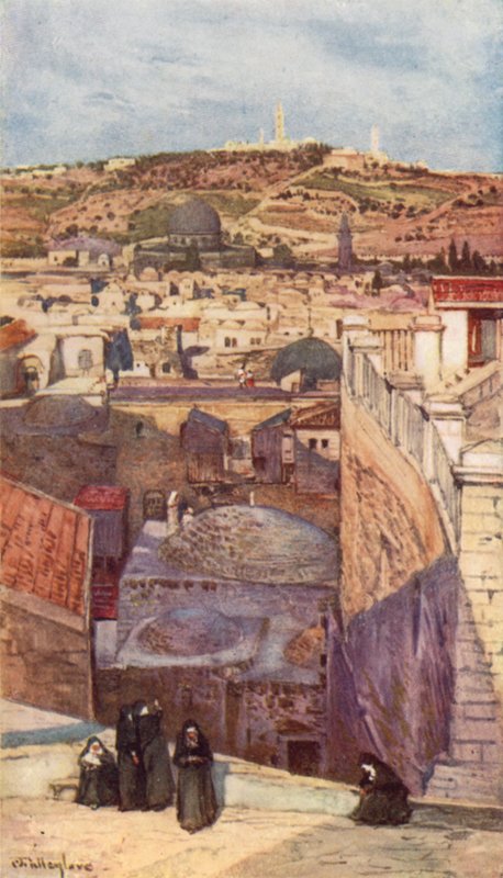 Oljeberget, fra en hustopp på Sionsfjellet (farge litho) av John Fulleylove