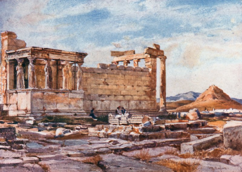 Den sørlige siden av Erechtheum, med grunnlaget for det tidligere tempelet til Athena Polias av John Fulleylove