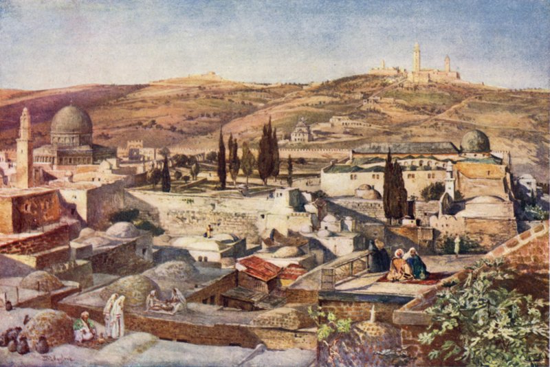 Tempelområdet og Oljeberget, fra Mount Sion (farge litho) av John Fulleylove