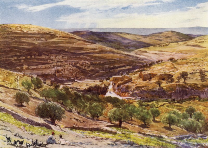 Valley of Hinnom, med Hill of Offense (farge litho) av John Fulleylove