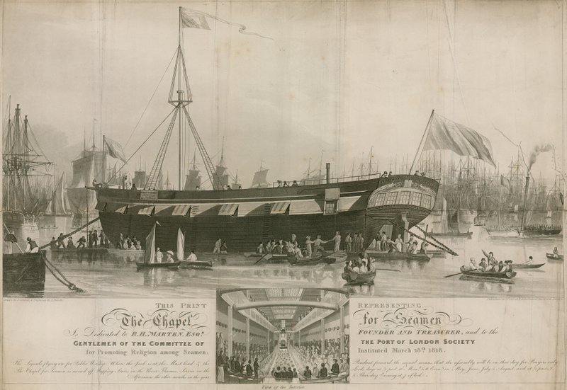 Kapellet for sjømenn, innstiftet 18. mars 1818 og fortøyd utenfor Wapping av John Gendall