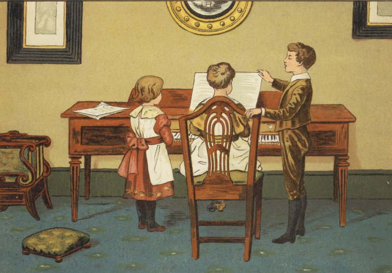 Barn som øver ved pianoet (farge litho) av John George (after) Sowerby