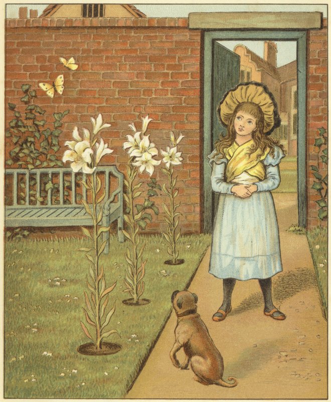 Jente i en inngjerdet hage, foruten liljer og hunden hennes (farge litho) av John George (after) Sowerby