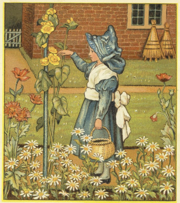 Jente i hagen med stokkrose, valmuer og tusenfryd (farge litho) av John George (after) Sowerby