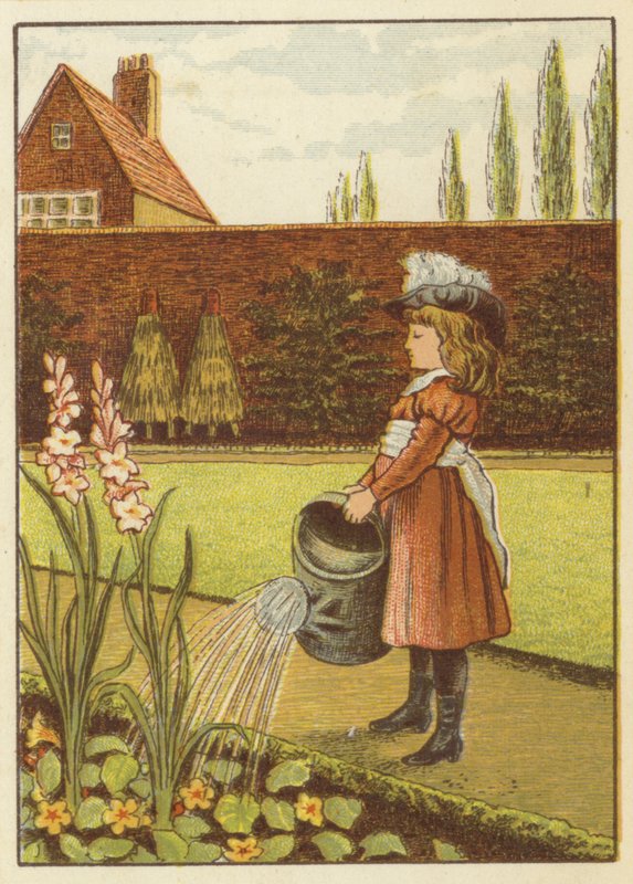 Jente som vanner hagen (farge litho) av John George (after) Sowerby