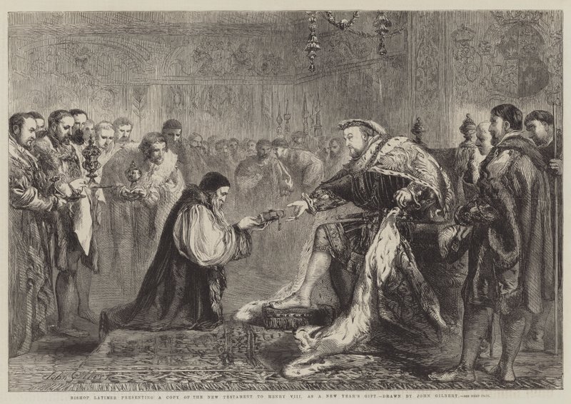 Biskop Latimer presenterer en kopi av Det nye testamente til Henry VIII som en nyttårsgave av John Gilbert