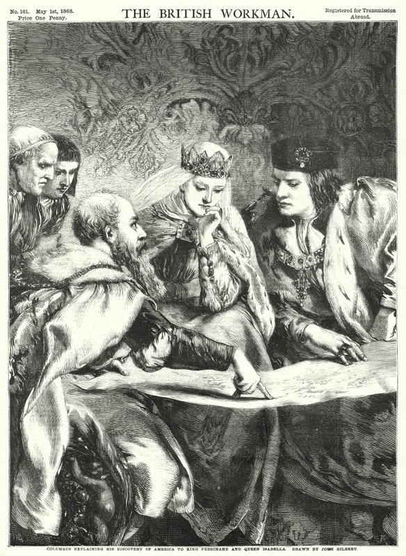 Columbus forklarer Discovery of America til kong Ferdinand og dronning Isabella (gravering) av John Gilbert