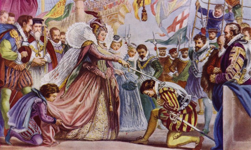 Dronning Elizabeth II ridder Sir Francis Drake om bord på skipet hans, The Golden Hind, Deptford, 1581 av John Gilbert