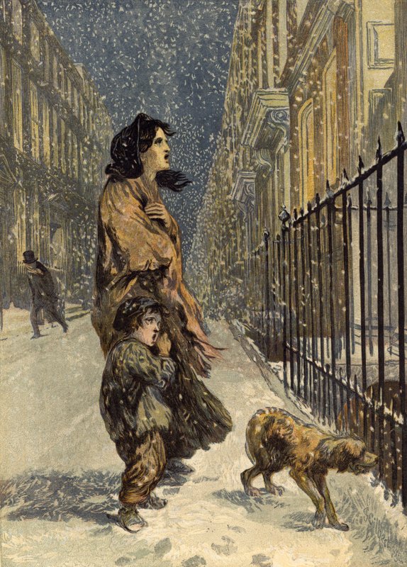 De hjemløse fattige, mor og barn med hund i snøen (chromolitho) av John Gilbert