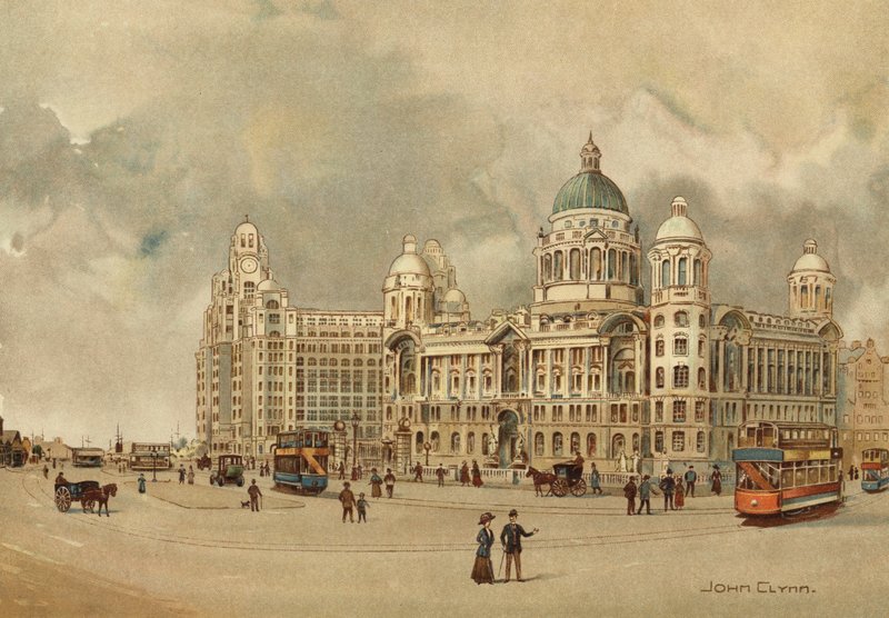 Liverpool: Offices of the Mersey Docks and Harbour Board, The Liver Building, etc, Approach to the Landing Stage (farge litho) av John Glynn