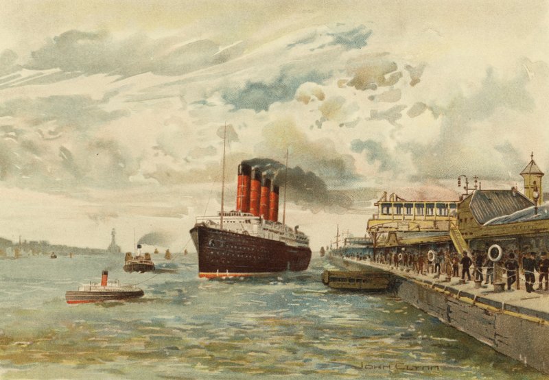 Liverpool: Prince's Landing Stage, med American Liner forlater (farge litho) av John Glynn