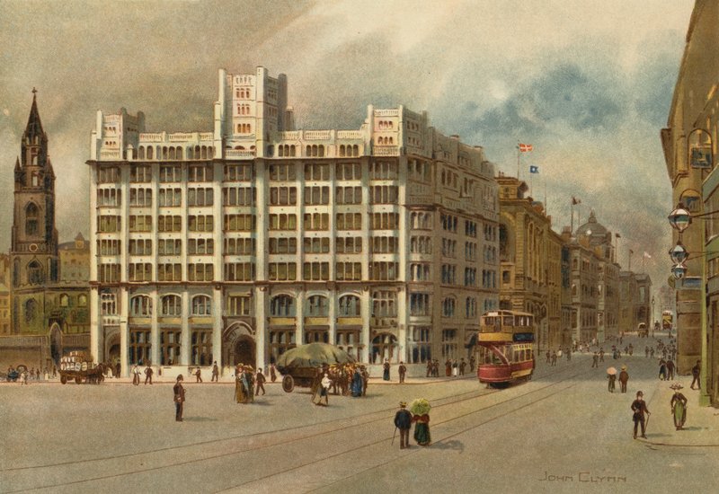 Liverpool: Tower Building og Water Street (farge litho) av John Glynn