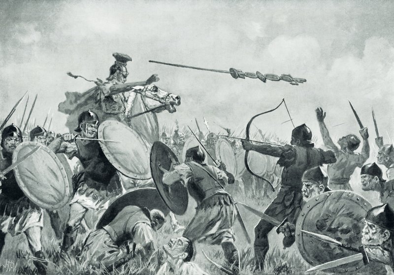 Et romersk slag med Volscians (litho) av John Harris Valda