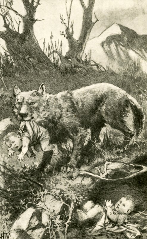 Romulus og Remus blir tatt vare på av ulven av John Harris Valda