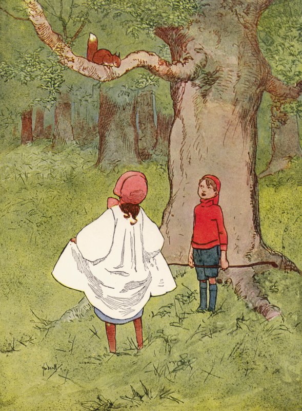 "Et kjært lite ekorn, med en krøllete hale" (farge litho) av John Hassall