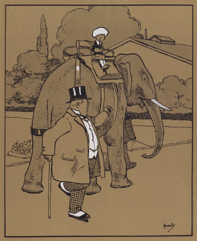 "Han kalte elefanten et dumt beist, eller noe" (farge litho) av John Hassall