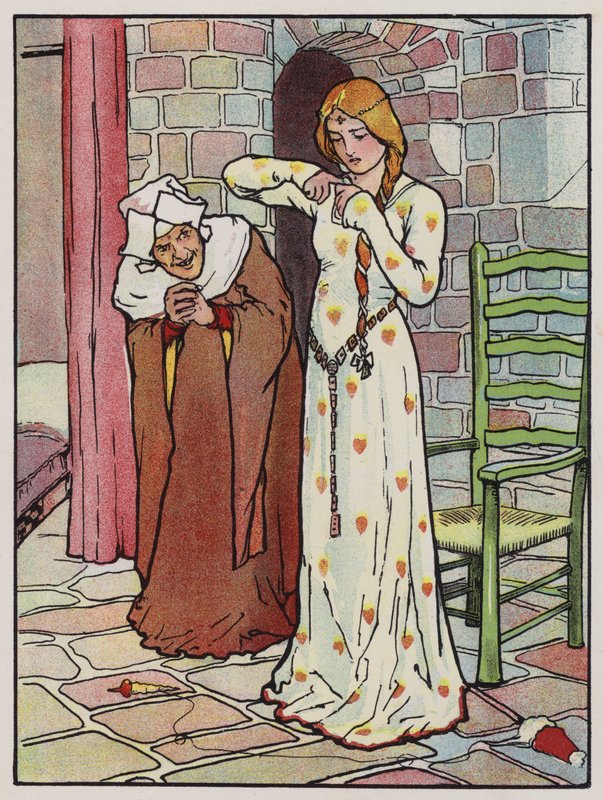 Rosanne stikker seg i hånden med spindelen (farge litho) av John Hassall