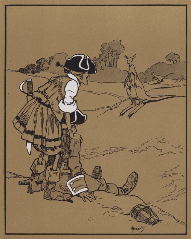 Oppdagelsen av kenguruen (farge litho) av John Hassall