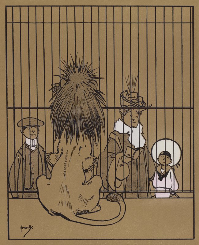 "Løvene har et brukt, uvirkelig utseende, slik at sagflis på gulvet nesten kan ha kommet ut av dem" (farge litho) av John Hassall