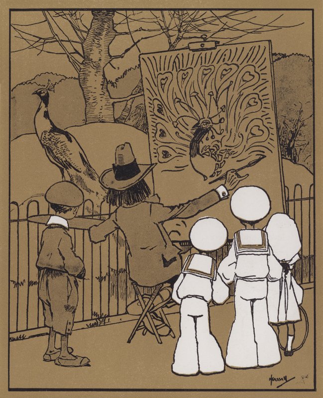 Påfuglen og den dekorative kunstneren (farge litho) av John Hassall