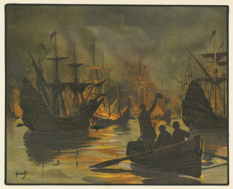 Den uovervinnelige Armada angrepet av brannskip (farge litho) av John Hassall