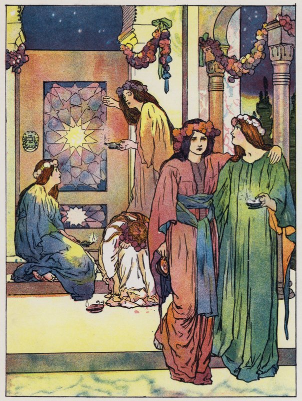 Jomfruene reiser seg og trimmer lampene sine (farge litho) av John Hassall