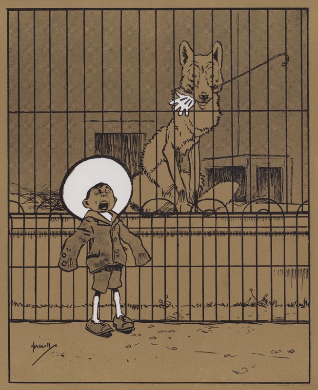 "Besøkende som stikker hendene gjennom skinnene rådes til å se at de får dem tilbake" (farge litho) av John Hassall