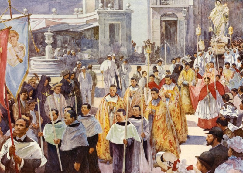 En romersk-katolsk prosesjon (farge litho) av John Henry Frederick (after) Bacon