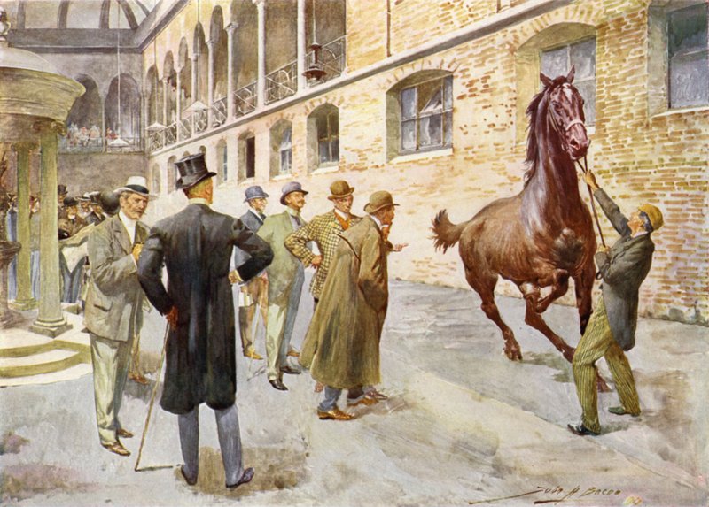 En scene på Tattersall's, London (farge litho) av John Henry Frederick (after) Bacon