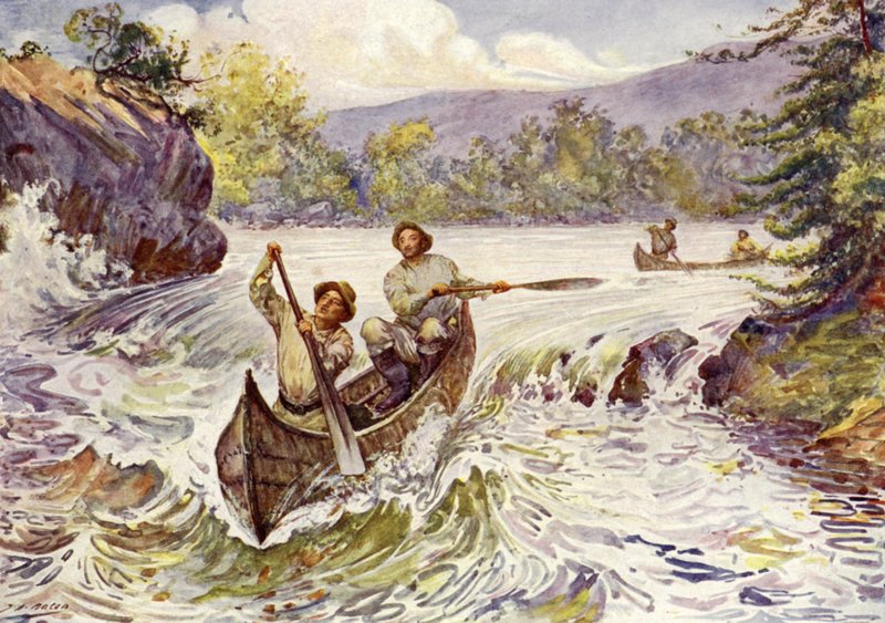 Kanadiere skyter stryk i kanoer (farge litho) av John Henry Frederick (after) Bacon