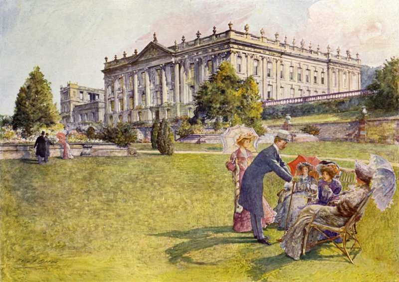 Chatsworth House (farge litho) av John Henry Frederick (after) Bacon