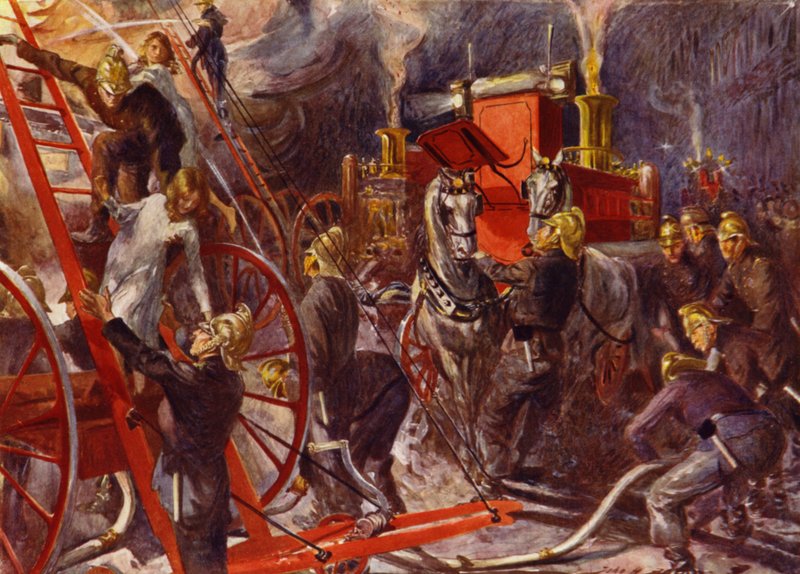 Brannvesen på jobb (farge litho) av John Henry Frederick (after) Bacon
