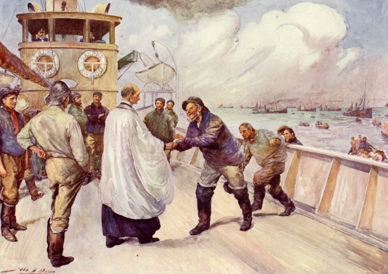 Fiskere fra Nordsjøens fiskeflåte samles for tilbedelse (farge litho) av John Henry Frederick (after) Bacon