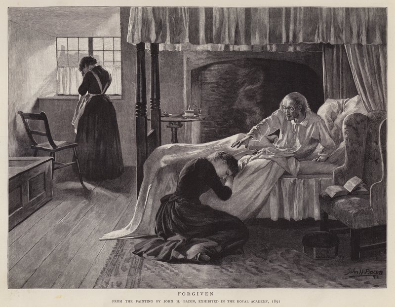 Forgiven, maleri av John H Bacon utstilt på Royal Academy i 1891 (litho) av John Henry Frederick (after) Bacon