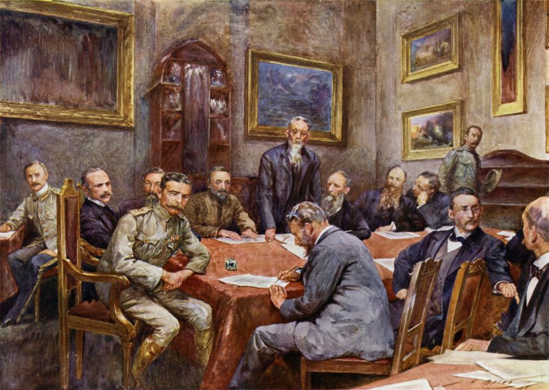 Signerer fredstraktaten i Pretoria (farge litho) av John Henry Frederick (after) Bacon