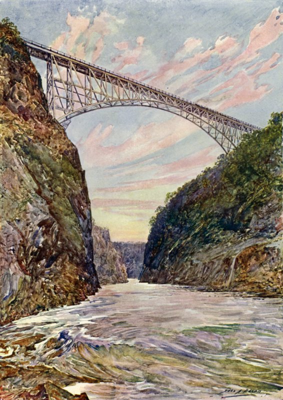 Broen over Victoria Falls, Rhodesia (farge litho) av John Henry Frederick (after) Bacon