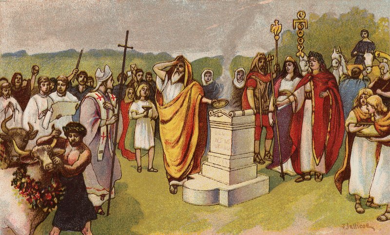 Konstantin den store ofrer når de første kristne ankommer, York, 306 (chromolitho) av John Jellicoe