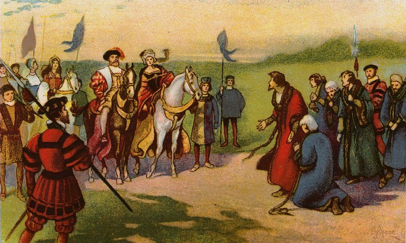 Kong Henry VIII og Catherine Howard ankom York etter Pilgrimage of Grace 1541 (chromolitho) av John Jellicoe