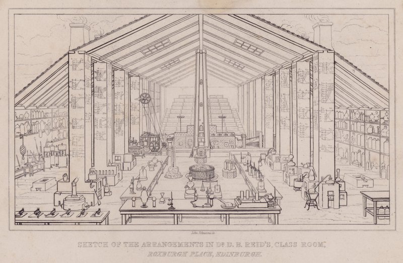 Skisse av arrangementene i Dr D B Reids klasserom, Roxburgh Place, Edinburgh (gravering) av John Johnstone