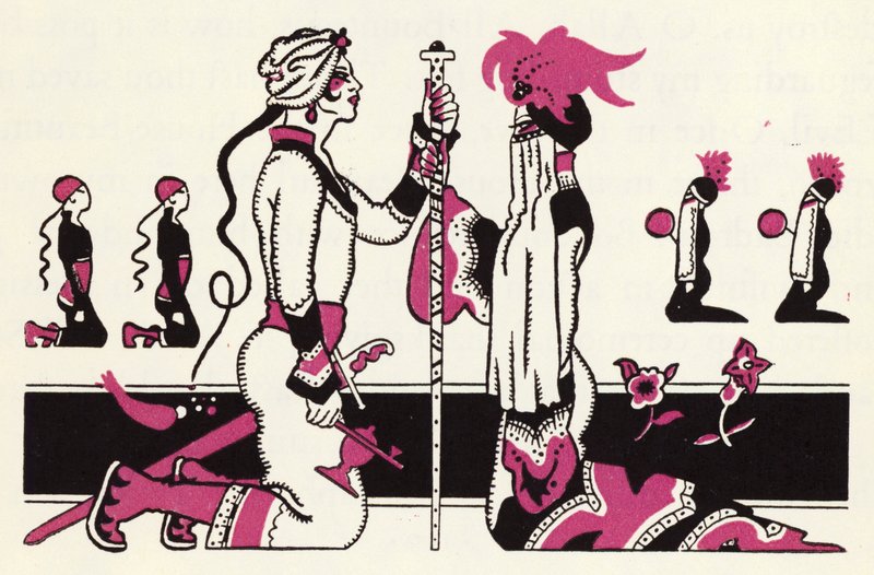 Utsmykning for historien om Aladdin og den fantastiske lampen (litho i farge) av John Kettelwell