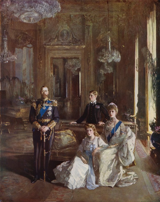Kong George V, dronning Mary, prinsen av Wales og prinsesse Mary i White Drawing Room, Buckingham Palace, London, 1913 av John Lavery